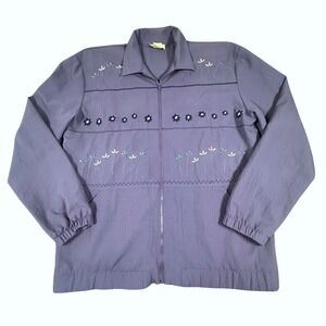 Teddi Vintage Purple Floral Embroidered Zip Up Jacket Womens Small Windbreaker
